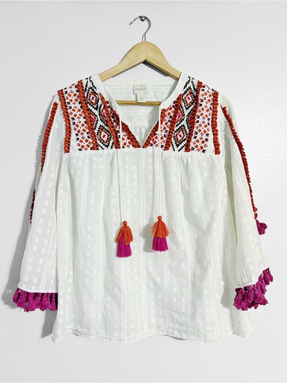 Chico's Embroidered Tassel Boho Top